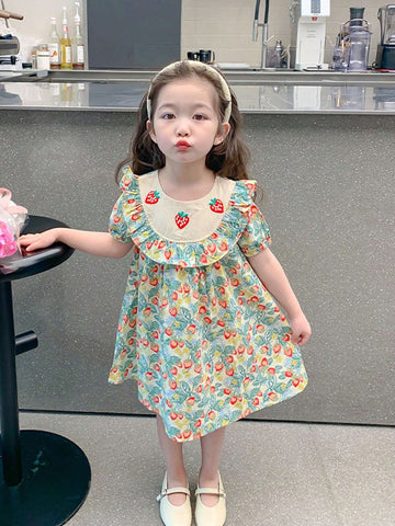 1pc Little Girls' Sweet Strawberry Embroidery Short Sleeve Dress, Spring 1pc Little Girls' Sweet Strawberry Embroidery Short Sleeve Dress, Spring