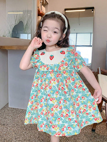 1pc Little Girls' Sweet Strawberry Embroidery Short Sleeve Dress, Spring 1pc Little Girls' Sweet Strawberry Embroidery Short Sleeve Dress, Spring