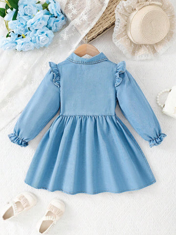 1pc Long Sleeve Denim Collared Dress, Slim Fit, Fashionable College Style, For Summer And Fall 1pc Long Sleeve Denim Collared Dress, Slim Fit, Fashionable College Style, For Summer And Fall