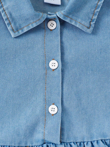 1pc Long Sleeve Denim Collared Dress, Slim Fit, Fashionable College Style, For Summer And Fall 1pc Long Sleeve Denim Collared Dress, Slim Fit, Fashionable College Style, For Summer And Fall