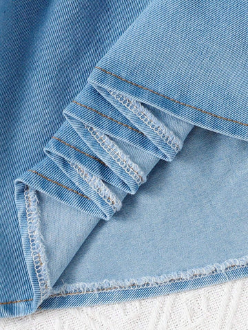 1pc Long Sleeve Denim Collared Dress, Slim Fit, Fashionable College Style, For Summer And Fall 1pc Long Sleeve Denim Collared Dress, Slim Fit, Fashionable College Style, For Summer And Fall