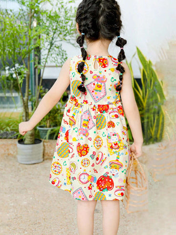 1pc Lovely Cartoon Princess Style Printed Cotton Breathable & Soft Loose Fit Tank Dress For Little Girls, Floral Patterned Dress, Spring/Summer 1pc Lovely Cartoon Princess Style Printed Cotton Breathable & Soft Loose Fit Tank Dress For Little Girls, Floral Patterned Dress, Spring/Summer