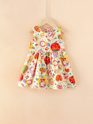 1pc Lovely Cartoon Princess Style Printed Cotton Breathable & Soft Loose Fit Tank Dress For Little Girls, Floral Patterned Dress, Spring/Summer 1pc Lovely Cartoon Princess Style Printed Cotton Breathable & Soft Loose Fit Tank Dress For Little Girls, Floral Patterned Dress, Spring/Summer