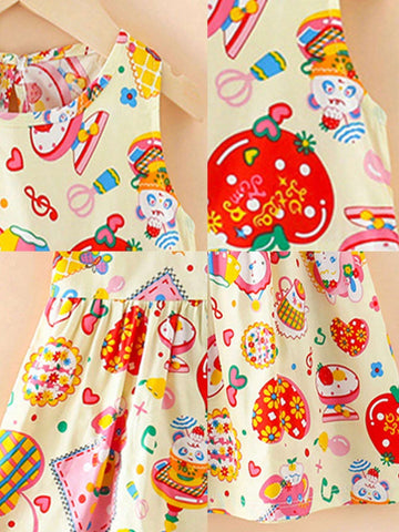 1pc Lovely Cartoon Princess Style Printed Cotton Breathable & Soft Loose Fit Tank Dress For Little Girls, Floral Patterned Dress, Spring/Summer 1pc Lovely Cartoon Princess Style Printed Cotton Breathable & Soft Loose Fit Tank Dress For Little Girls, Floral Patterned Dress, Spring/Summer