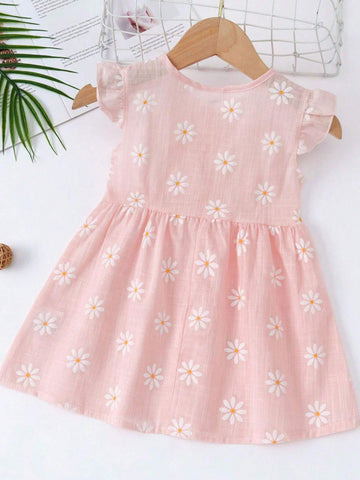 1pc Lovely Pink Babydoll Dress With Ruffle Hem And Daisy Graffiti Print, Adorable Cartoon Printed Cotton Soft Breathable Thin Dress For Toddler Girls In Spring And Summer 1pc Lovely Pink Babydoll Dress With Ruffle Hem And Daisy Graffiti Print, Adorable Cartoon Printed Cotton Soft Breathable Thin Dress For Toddler Girls In Spring And Summer