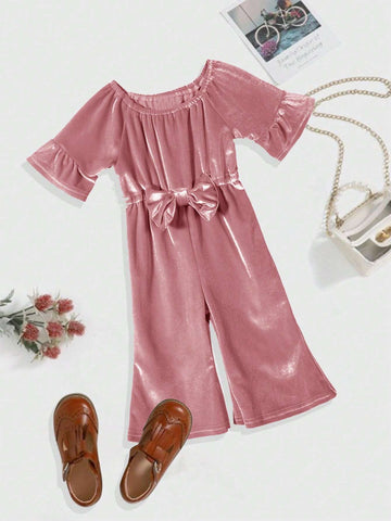1pc Mid-Sleeve Velvet Jumpsuit With Bow Detail, Autumn/Winter 1pc Mid-Sleeve Velvet Jumpsuit With Bow Detail, Autumn/Winter