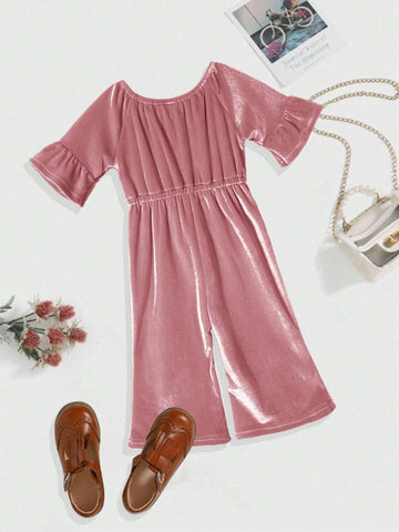 1pc Mid-Sleeve Velvet Jumpsuit With Bow Detail, Autumn/Winter 1pc Mid-Sleeve Velvet Jumpsuit With Bow Detail, Autumn/Winter