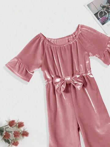 1pc Mid-Sleeve Velvet Jumpsuit With Bow Detail, Autumn/Winter 1pc Mid-Sleeve Velvet Jumpsuit With Bow Detail, Autumn/Winter