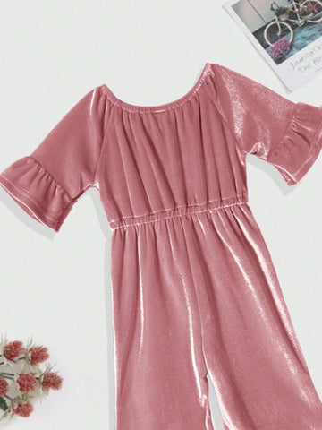 1pc Mid-Sleeve Velvet Jumpsuit With Bow Detail, Autumn/Winter 1pc Mid-Sleeve Velvet Jumpsuit With Bow Detail, Autumn/Winter