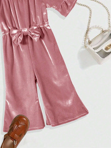 1pc Mid-Sleeve Velvet Jumpsuit With Bow Detail, Autumn/Winter 1pc Mid-Sleeve Velvet Jumpsuit With Bow Detail, Autumn/Winter