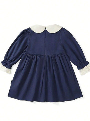 1pc Navy Blue Cute Rabbit Embroidery Sweet Ruffle Collar Girls Long Sleeve Dress, Princess Style 1pc Navy Blue Cute Rabbit Embroidery Sweet Ruffle Collar Girls Long Sleeve Dress, Princess Style
