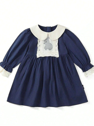 1pc Navy Blue Cute Rabbit Embroidery Sweet Ruffle Collar Girls Long Sleeve Dress, Princess Style 1pc Navy Blue Cute Rabbit Embroidery Sweet Ruffle Collar Girls Long Sleeve Dress, Princess Style