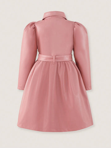 1pc Pink Leather-Look Minimalist Lapel Front Zip Tie-Waist Puff Sleeve Mommy And Me Matching Dress (Outfits Sold Separately) 1pc Pink Leather-Look Minimalist Lapel Front Zip Tie-Waist Puff Sleeve Mommy And Me Matching Dress (Outfits Sold Separately)