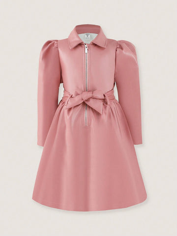 1pc Pink Leather-Look Minimalist Lapel Front Zip Tie-Waist Puff Sleeve Mommy And Me Matching Dress (Outfits Sold Separately) 1pc Pink Leather-Look Minimalist Lapel Front Zip Tie-Waist Puff Sleeve Mommy And Me Matching Dress (Outfits Sold Separately)