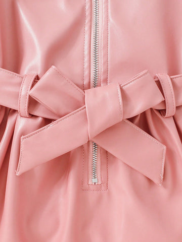 1pc Pink Leather-Look Minimalist Lapel Front Zip Tie-Waist Puff Sleeve Mommy And Me Matching Dress (Outfits Sold Separately) 1pc Pink Leather-Look Minimalist Lapel Front Zip Tie-Waist Puff Sleeve Mommy And Me Matching Dress (Outfits Sold Separately)