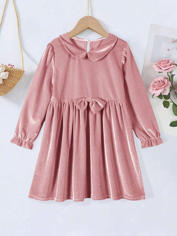 1pc Pink Velvet Long Sleeve Dress, Autumn & Winter 1pc Pink Velvet Long Sleeve Dress, Autumn & Winter