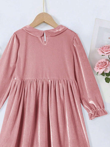 1pc Pink Velvet Long Sleeve Dress, Autumn & Winter 1pc Pink Velvet Long Sleeve Dress, Autumn & Winter