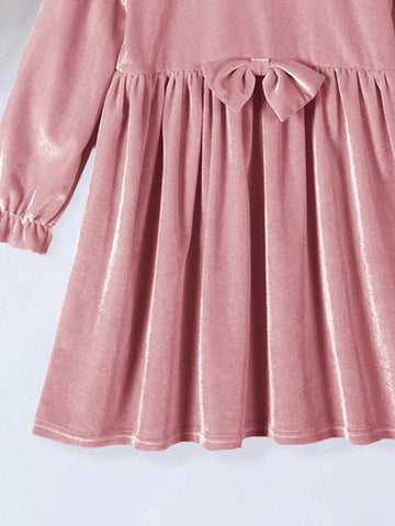 1pc Pink Velvet Long Sleeve Dress, Autumn & Winter 1pc Pink Velvet Long Sleeve Dress, Autumn & Winter