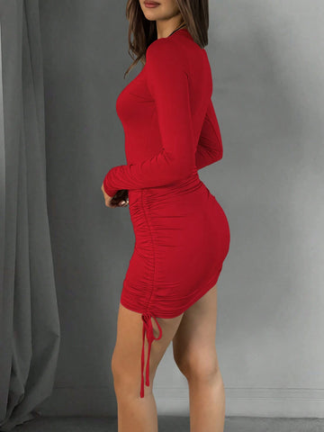 1pc Plain Crew Neck Long Sleeve Drawstring Ruched Dress 1pc Plain Crew Neck Long Sleeve Drawstring Ruched Dress