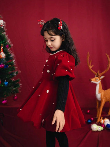 1pc Red Velvet Puff Sleeve Beaded Princess Dress For Young Girls, Autumn/Winter 1pc Red Velvet Puff Sleeve Beaded Princess Dress For Young Girls, Autumn/Winter