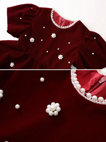 1pc Red Velvet Puff Sleeve Beaded Princess Dress For Young Girls, Autumn/Winter 1pc Red Velvet Puff Sleeve Beaded Princess Dress For Young Girls, Autumn/Winter