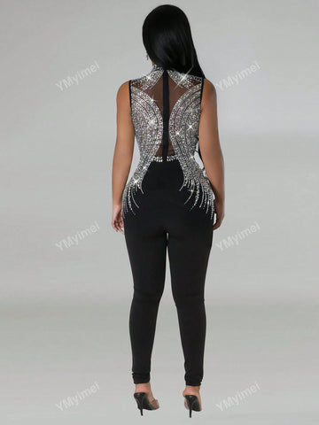 1pc Rhinestone Decorated Stand Collar Mesh Splicing Sleeveless Racy Jumpsuit 1pc Rhinestone Decorated Stand Collar Mesh Splicing Sleeveless Racy Jumpsuit