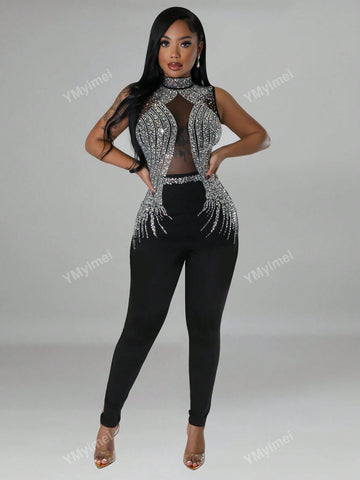 1pc Rhinestone Decorated Stand Collar Mesh Splicing Sleeveless Racy Jumpsuit 1pc Rhinestone Decorated Stand Collar Mesh Splicing Sleeveless Racy Jumpsuit