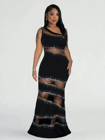 1pc Sleeveless Rhinestone Embellished Sexy Semi-Sheer Midi Dress 1pc Sleeveless Rhinestone Embellished Sexy Semi-Sheer Midi Dress