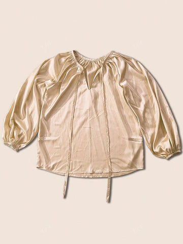 1pc Solid Color Elegant Ruffle Tie Neck Long Sleeve Blouse 1pc Solid Color Elegant Ruffle Tie Neck Long Sleeve Blouse