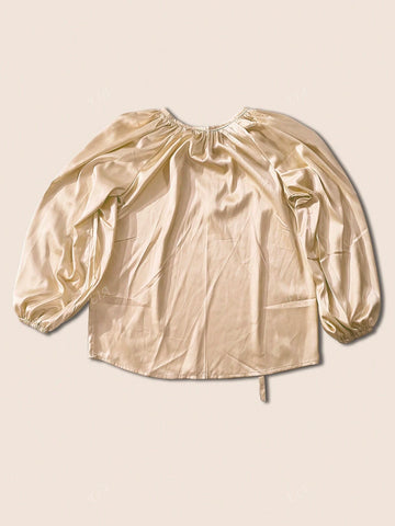 1pc Solid Color Elegant Ruffle Tie Neck Long Sleeve Blouse 1pc Solid Color Elegant Ruffle Tie Neck Long Sleeve Blouse