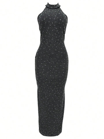 1pc Solid Color Turtleneck Sleeveless Backless Rhinestone Embellished Bodycon Dress 1pc Solid Color Turtleneck Sleeveless Backless Rhinestone Embellished Bodycon Dress