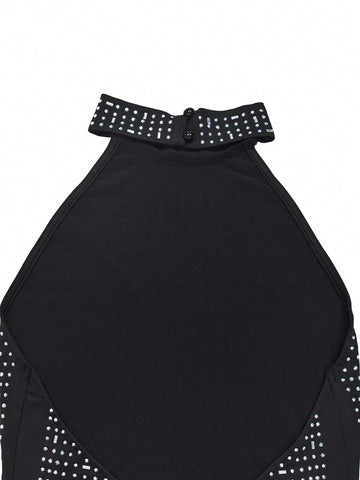 1pc Solid Color Turtleneck Sleeveless Backless Rhinestone Embellished Bodycon Dress 1pc Solid Color Turtleneck Sleeveless Backless Rhinestone Embellished Bodycon Dress