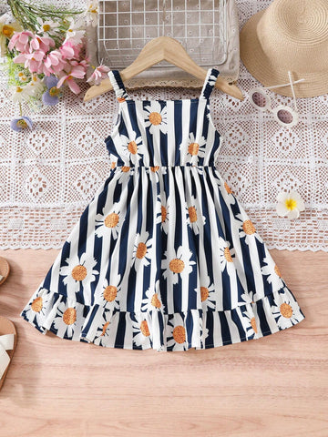 1pc Summer Elastic Strap Girls' Flower Striped Dress 1pc Summer Elastic Strap Girls' Flower Striped Dress