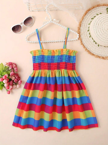 1pc Summer Plaid & Printed Pattern Sling Dress For Girls 1pc Summer Plaid & Printed Pattern Sling Dress For Girls