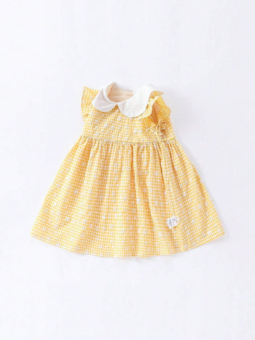 1pc Sweet And Delicate Floral Print Peter Pan Collar Short-Sleeved Check Dress For Toddler Girls, Summer 1pc Sweet And Delicate Floral Print Peter Pan Collar Short-Sleeved Check Dress For Toddler Girls, Summer