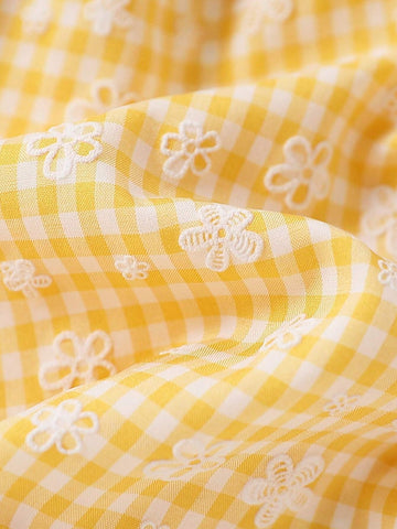 1pc Sweet And Delicate Floral Print Peter Pan Collar Short-Sleeved Check Dress For Toddler Girls, Summer 1pc Sweet And Delicate Floral Print Peter Pan Collar Short-Sleeved Check Dress For Toddler Girls, Summer