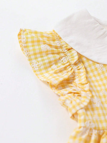 1pc Sweet And Delicate Floral Print Peter Pan Collar Short-Sleeved Check Dress For Toddler Girls, Summer 1pc Sweet And Delicate Floral Print Peter Pan Collar Short-Sleeved Check Dress For Toddler Girls, Summer