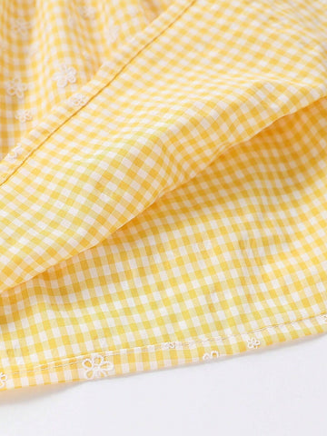 1pc Sweet And Delicate Floral Print Peter Pan Collar Short-Sleeved Check Dress For Toddler Girls, Summer 1pc Sweet And Delicate Floral Print Peter Pan Collar Short-Sleeved Check Dress For Toddler Girls, Summer