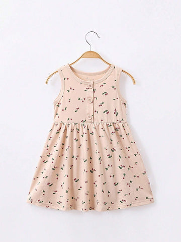 1pc Sweet Cherry Pattern Printed Girls' Vest Dress, Summer 1pc Sweet Cherry Pattern Printed Girls' Vest Dress, Summer