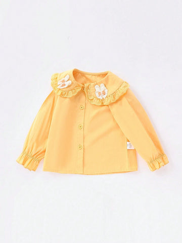 1pc Sweet Girls Peter Pan Collar Butterfly Decor Long Sleeve Shirt, Spring & Autumn 1pc Sweet Girls Peter Pan Collar Butterfly Decor Long Sleeve Shirt, Spring & Autumn