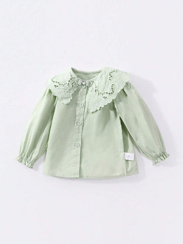 1pc Sweet Plain Color Big Lapel Long Sleeve Blouse For Toddler Girls, Spring & Autumn 1pc Sweet Plain Color Big Lapel Long Sleeve Blouse For Toddler Girls, Spring & Autumn
