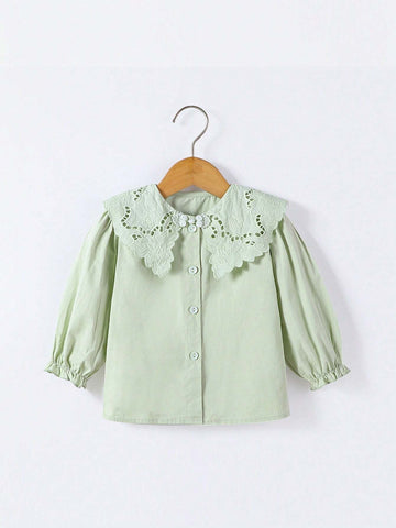 1pc Sweet Plain Color Big Lapel Long Sleeve Blouse For Toddler Girls, Spring & Autumn 1pc Sweet Plain Color Big Lapel Long Sleeve Blouse For Toddler Girls, Spring & Autumn