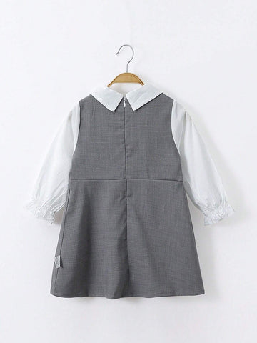 1pc Toddler Girls" Academy Style Bunny Embroidery False Two-Piece Long Sleeve Dress For Spring And Autumn 1pc Toddler Girls" Academy Style Bunny Embroidery False Two-Piece Long Sleeve Dress For Spring And Autumn