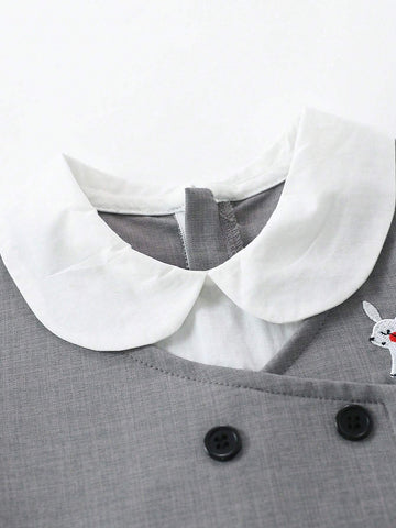 1pc Toddler Girls" Academy Style Bunny Embroidery False Two-Piece Long Sleeve Dress For Spring And Autumn 1pc Toddler Girls" Academy Style Bunny Embroidery False Two-Piece Long Sleeve Dress For Spring And Autumn