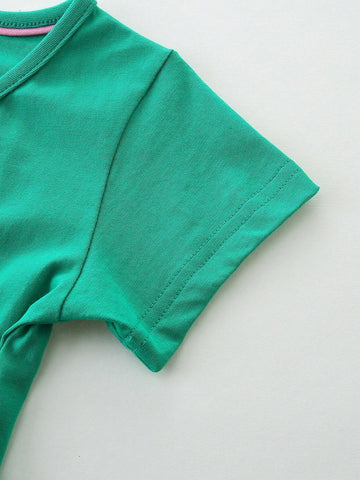 1pc Toddler Girls" Casual Animal Embroidered Patch V-Neck Short Sleeve Dress For Summer 1pc Toddler Girls" Casual Animal Embroidered Patch V-Neck Short Sleeve Dress For Summer