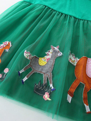 1pc Toddler Girls" Casual Animal Embroidered Patch V-Neck Short Sleeve Dress For Summer 1pc Toddler Girls" Casual Animal Embroidered Patch V-Neck Short Sleeve Dress For Summer