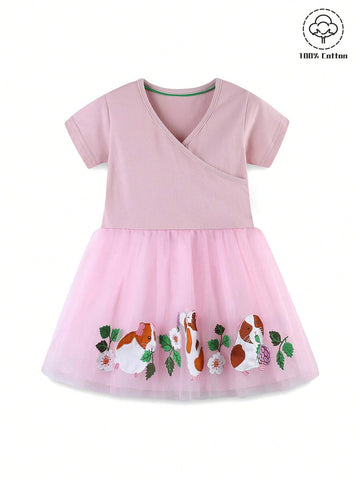 1pc Toddler Girls" Casual Animal Embroidery Patchwork V-Neck Short Sleeve Dress For Summer 1pc Toddler Girls" Casual Animal Embroidery Patchwork V-Neck Short Sleeve Dress For Summer