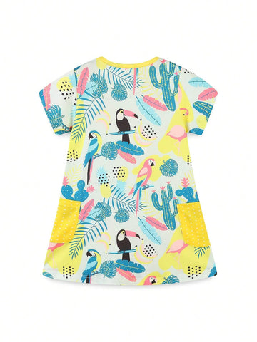 1pc Toddler Girls" Casual Cartoon Bird Printed Short Sleeve Round Neck Dress With Pockets, Summer 1pc Toddler Girls" Casual Cartoon Bird Printed Short Sleeve Round Neck Dress With Pockets, Summer