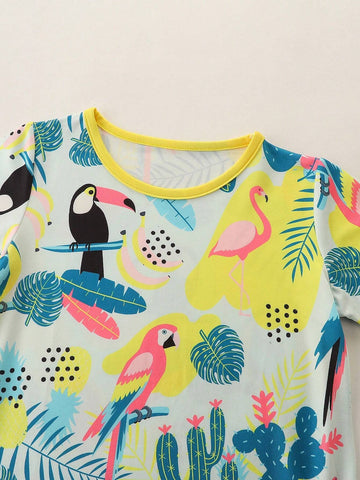 1pc Toddler Girls" Casual Cartoon Bird Printed Short Sleeve Round Neck Dress With Pockets, Summer 1pc Toddler Girls" Casual Cartoon Bird Printed Short Sleeve Round Neck Dress With Pockets, Summer