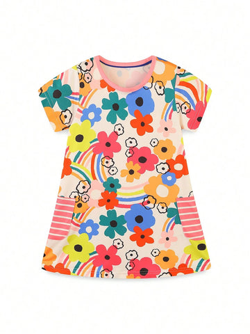 1pc Toddler Girls" Casual Cartoon Flower Printed Short Sleeve Dress With Pockets For Summer 1pc Toddler Girls" Casual Cartoon Flower Printed Short Sleeve Dress With Pockets For Summer